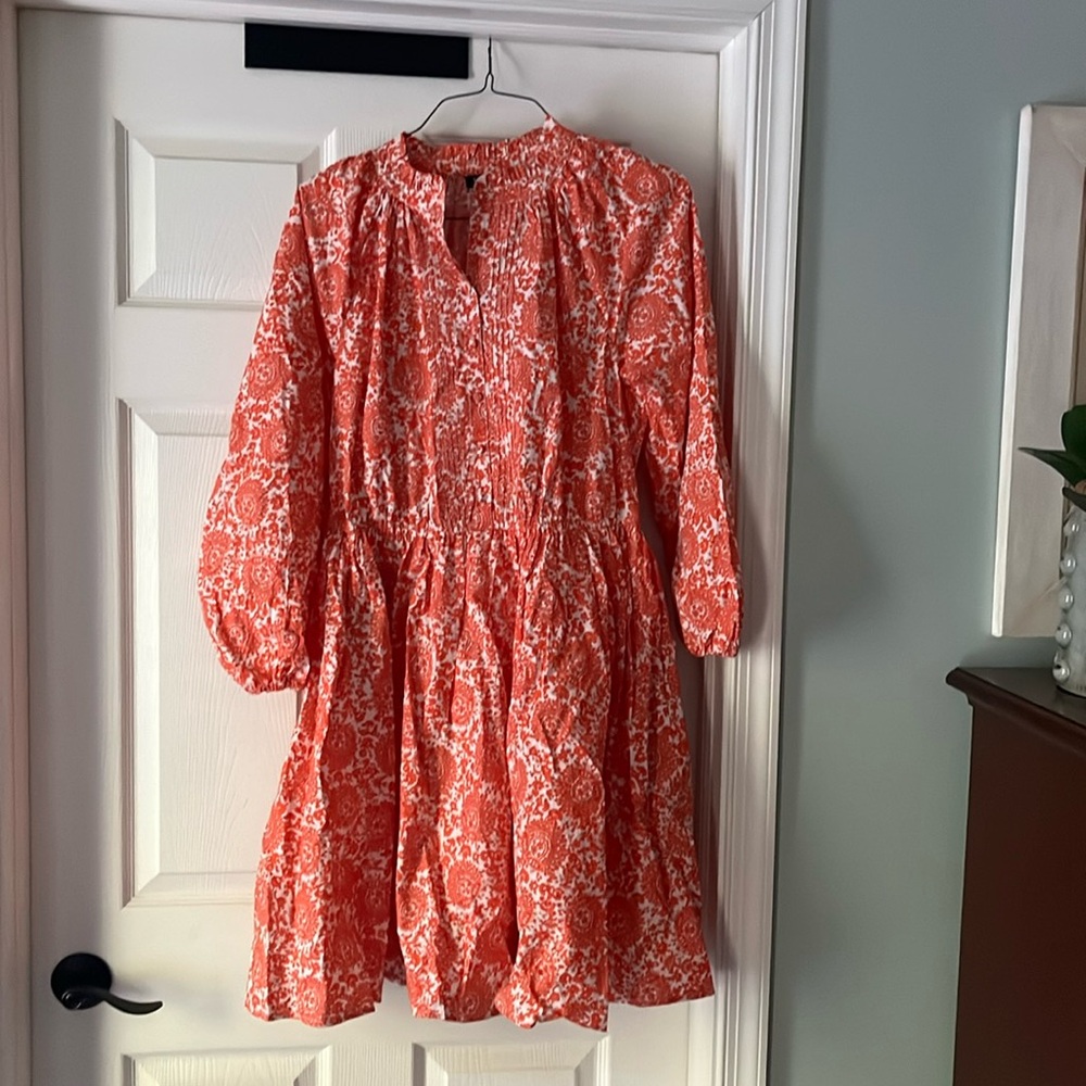 J. Crew Coral Floral Long-Sleeve Smocked Waist Dress